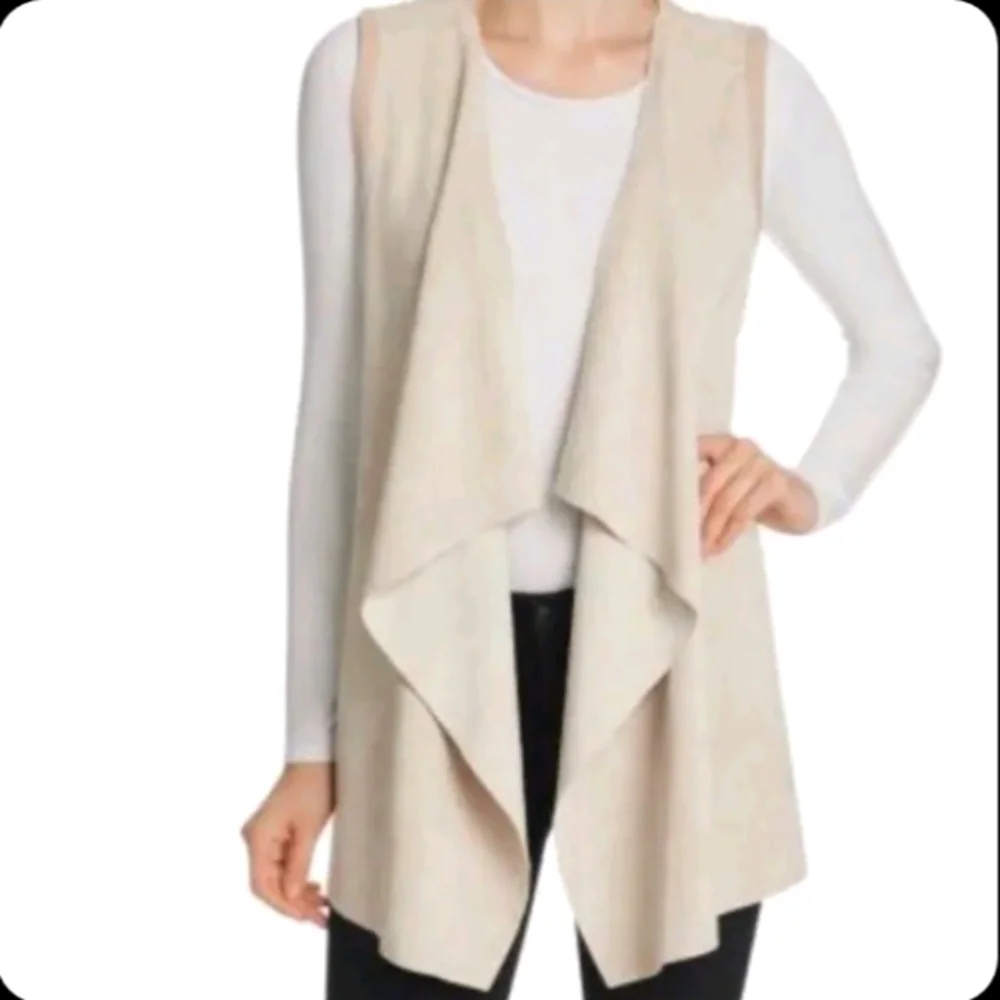 Calvin Klein Faux Suede Sweater Open Waterfall Draped Vest - Picture 1 of 9